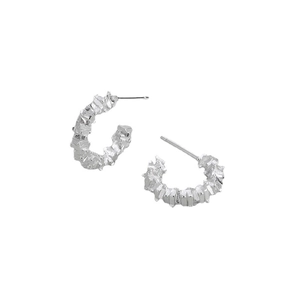 S925 sterling silver C-shaped hoop earrings with irregular textured crushed silver finish