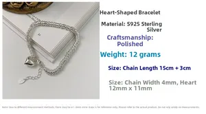 Polished S925 sterling silver heart bracelet dimensions and 15+3cm chain length detail
