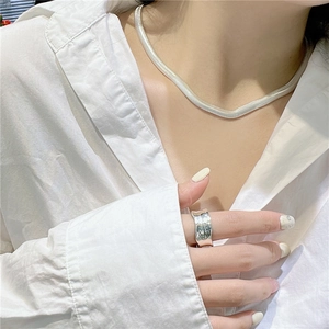 Elegant S925 sterling silver flat snake chain necklace and wide statement ring for women