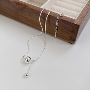 S925 sterling silver snake chain necklace featuring minimalist double bead pendants