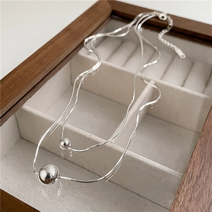 925 Sterling Silver Double Layer Necklace For Women Polished Round Ball Pendant Snake Chain Minimalist Korean Style Jewelry