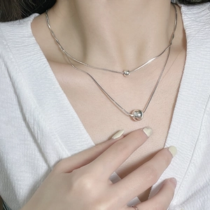Minimalist double layer S925 sterling silver snake chain necklace with spherical pendants