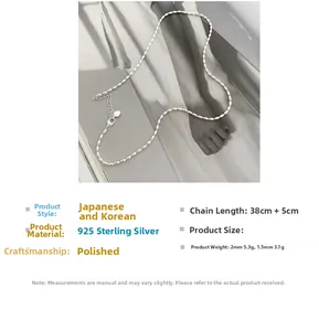Detailed size chart of 925 sterling silver rice bead necklace with 38+5cm chain length