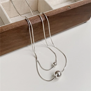 Double layered S925 sterling silver snake chain necklace with two polished round beads