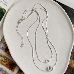 S925 sterling silver double-layer snake chain necklace with dual polished round beads