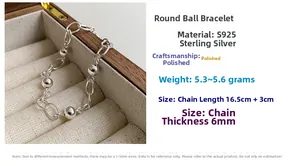 Detailed specs of S925 sterling silver bead bracelet with 6mm diameter and 16.5cm length