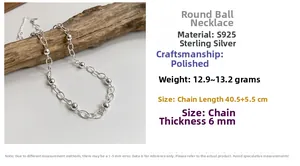 Collier à billes en argent sterling S925 poli avec dimensions et détails techniques