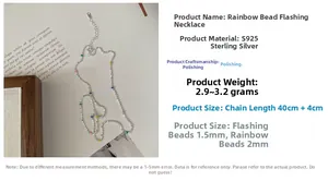 Macro detail of S925 sterling silver rainbow bead necklace showing 40+4cm length and weight