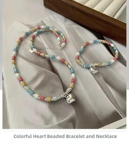 Detail of colorful stone heart necklace and bracelet set with S925 silver beads