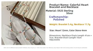 Detailed view of S925 sterling silver heart necklace set with colorful stone beads