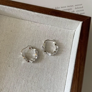 Minimalist S925 sterling silver hoop earrings with geometric crushed silver bead design