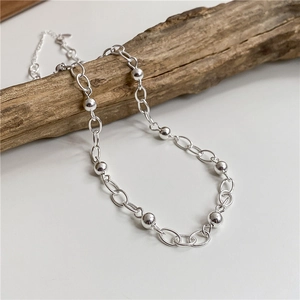 Collier en Argent Sterling S925 Perles Rondes Minimaliste Chaîne à Maillons Ovales Bijoux de Mode pour Femmes Chaîne de Clavicule
