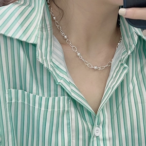 Collier minimaliste en argent sterling S925 avec perles polies et maille ovale