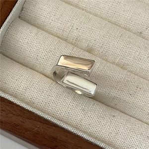 Minimalist S925 sterling silver geometric open ring with interlocking rectangular bars