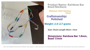 Macro detail of S925 sterling silver rainbow enamel bead necklace with 40+4cm chain