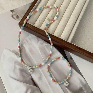 S925 Sterling Silver Heart Pendant Necklace Bracelet Multicolor Natural Stone Beaded Clavicle Chain For Women Minimalist Jewelry