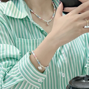 S925 sterling silver colorful beaded necklace and bracelet set with silver heart pendant