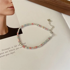 Bracelet en argent sterling S925 avec perles carrées colorées et pendentif coeur