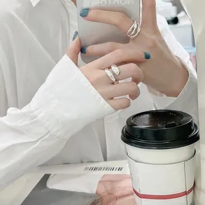 Minimalist S925 sterling silver ring set with fluid wide band and triple layered design