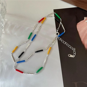 S925 Sterling Silver Rainbow Drip Glaze Necklace Multicolor Enamel Pipe Beads Choker Minimalist Korean Style Jewelry For Women