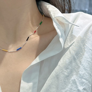 Minimalist S925 sterling silver chain necklace with colorful enamel tube beads on neck