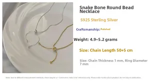Detail view of S925 sterling silver snake bone necklace with beads and size parameters