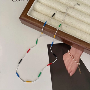 Colorful S925 silver rainbow bead necklace with enamel tubes and lobster clasp