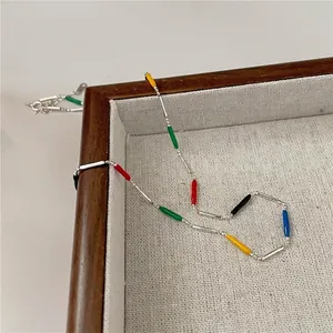 S925 Sterling Silver necklace with colorful enamel rainbow beads and elegant silver chain