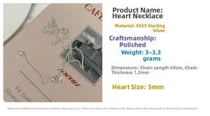 Detailed specs of S925 sterling silver heart necklace with 60cm adjustable chain