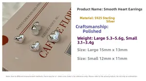 Polished S925 sterling silver heart earrings shown with detailed size specifications