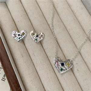 Collier Cœur en Argent Sterling 925 Zirconia Coloré Pendentif Texture Martelée Boucles d'Oreilles Bijoux Vintage pour Femme
