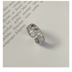 Detail of S925 silver heart ring showing sandblasted texture and adjustable open band