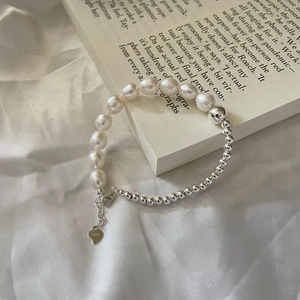 Bracelet Épissé en Argent Sterling S925 et Perle d'Eau Douce pour Femme Bracelet à Maillons Vintage avec Pendentif Cœur