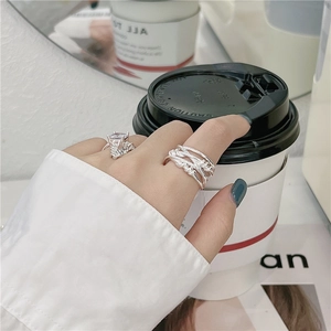 S925 sterling silver multilayer woven ring and zircon square ring on woman's hand