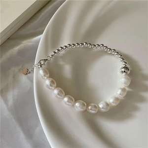 Bracelet perlé en argent S925 avec perles d'eau douce et breloque en forme de cœur