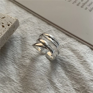 Vintage woven S925 sterling silver multilayer ring with minimalist open adjustable design
