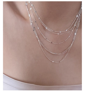 Detailed close-up of S925 sterling silver multilayer lace chain necklace with shiny sequins