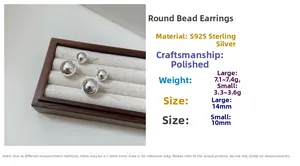 Polished S925 sterling silver ball earrings showing 10mm and 14mm size specifications
