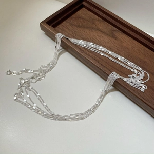 925 Sterling Silver Three Layer Sequins Lace Chain Necklace Women Long Sweater Chain Retro Minimalist Fashion Jewelry