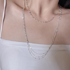 Three-layer S925 sterling silver lace chain necklace set with colorful beads for women