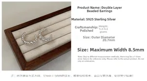 Macro detail of S925 sterling silver double-layer beaded earrings with size dimensions