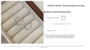 Macro detail of S925 sterling silver hoop earrings with textured hammered finish
