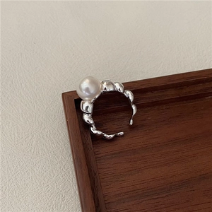 925 Sterling Silver Artificial Pearl Ring Retro Croissant Wavy Design Open Adjustable Finger Ring Elegant Jewelry For Women