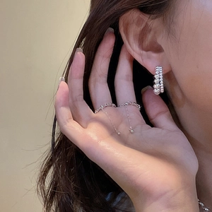 925 Sterling Silver Double Layer Bead C Shaped Hoop Earrings For Women Vintage Polished Geometric Bead Dangle Stud Jewelry