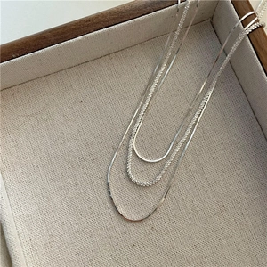 Three-layer S925 sterling silver layered necklace set with polished snake chain design
