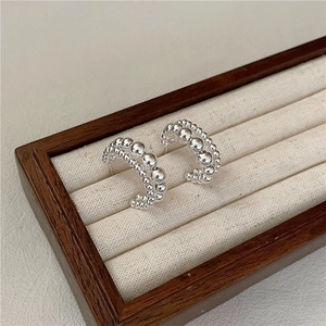 S925 sterling silver C-shaped double-layer beaded earrings with 45-degree angle view
