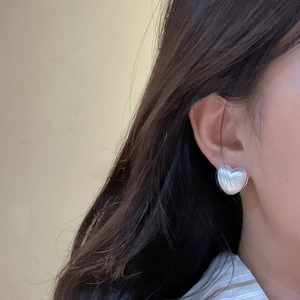 S925 sterling silver heart earrings with pearlescent finish and metallic silver edging