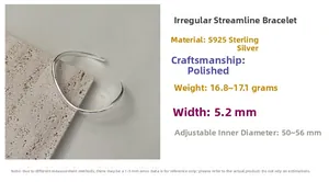 Detailed specs of S925 sterling silver irregular streamline bangle with polished finish