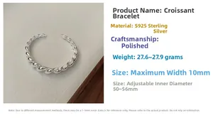 Bracelet jonc croissant en argent sterling S925 poli, largeur 10mm et poids 27g