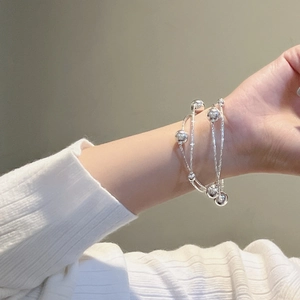 Elegant multi-layer S925 sterling silver beaded bracelet with layered chain design